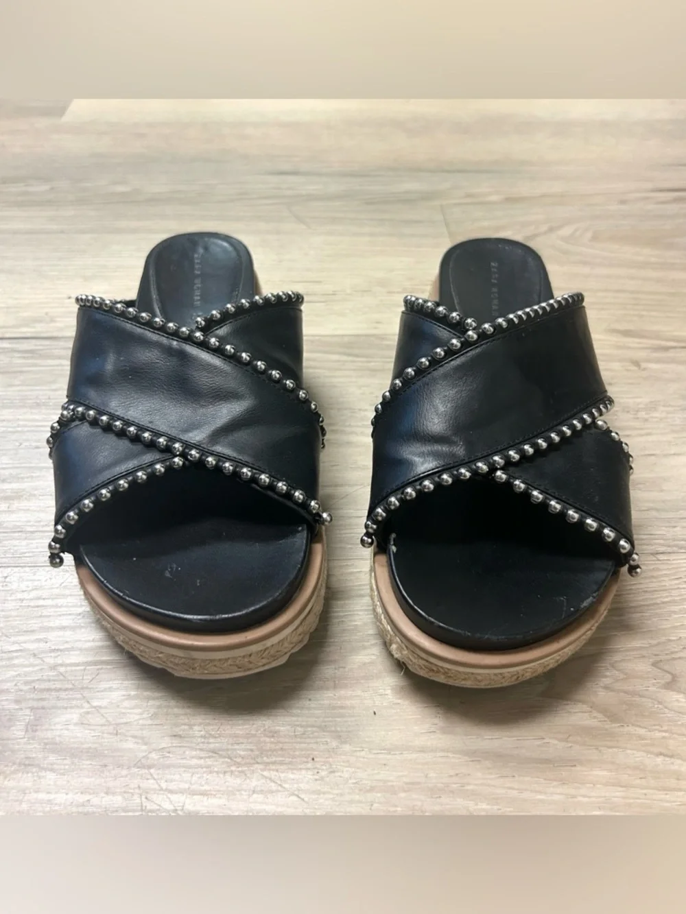 Zara Sandals Black Silver Studded Cross Strap Slides Women 6.5 Open Toe Slip On - Picture 5 of 12
